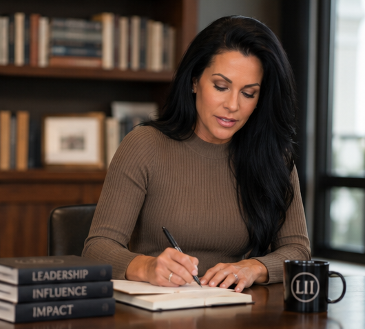 Woman with long dark hair seated at a desk, writing in a notebook beside stacked books labeled “Leadership,” “Influence,” and “Impact” in a professional office setting.