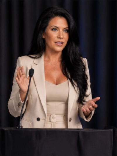 Woman standing at a podium speaking
